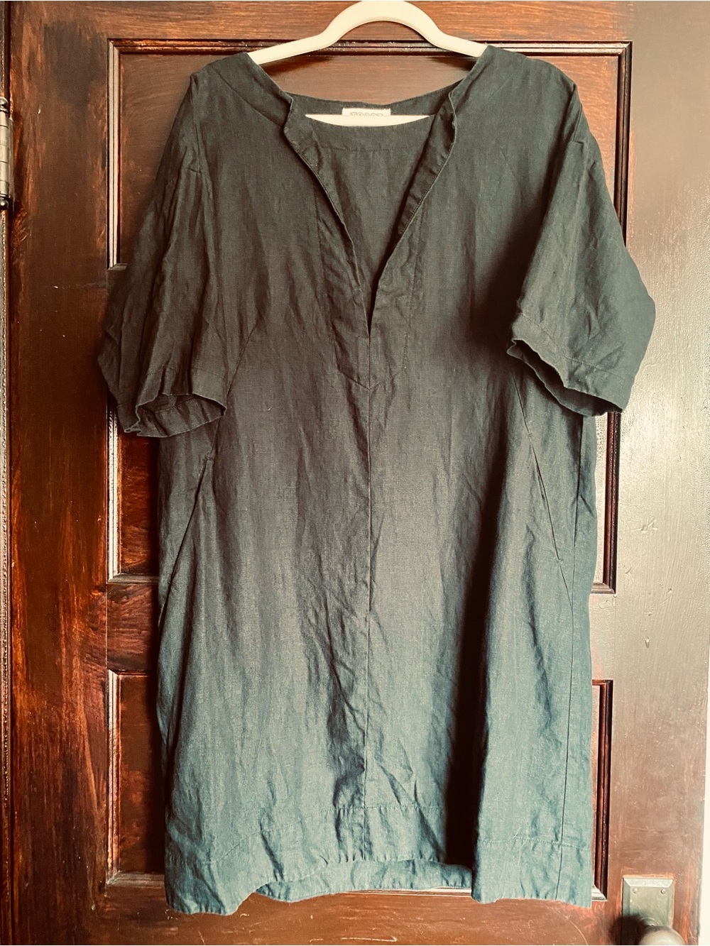 TOAST 100% Linen V-Neck Shift Dress Black Sz 16 Pockets Lagenlook Minimalist